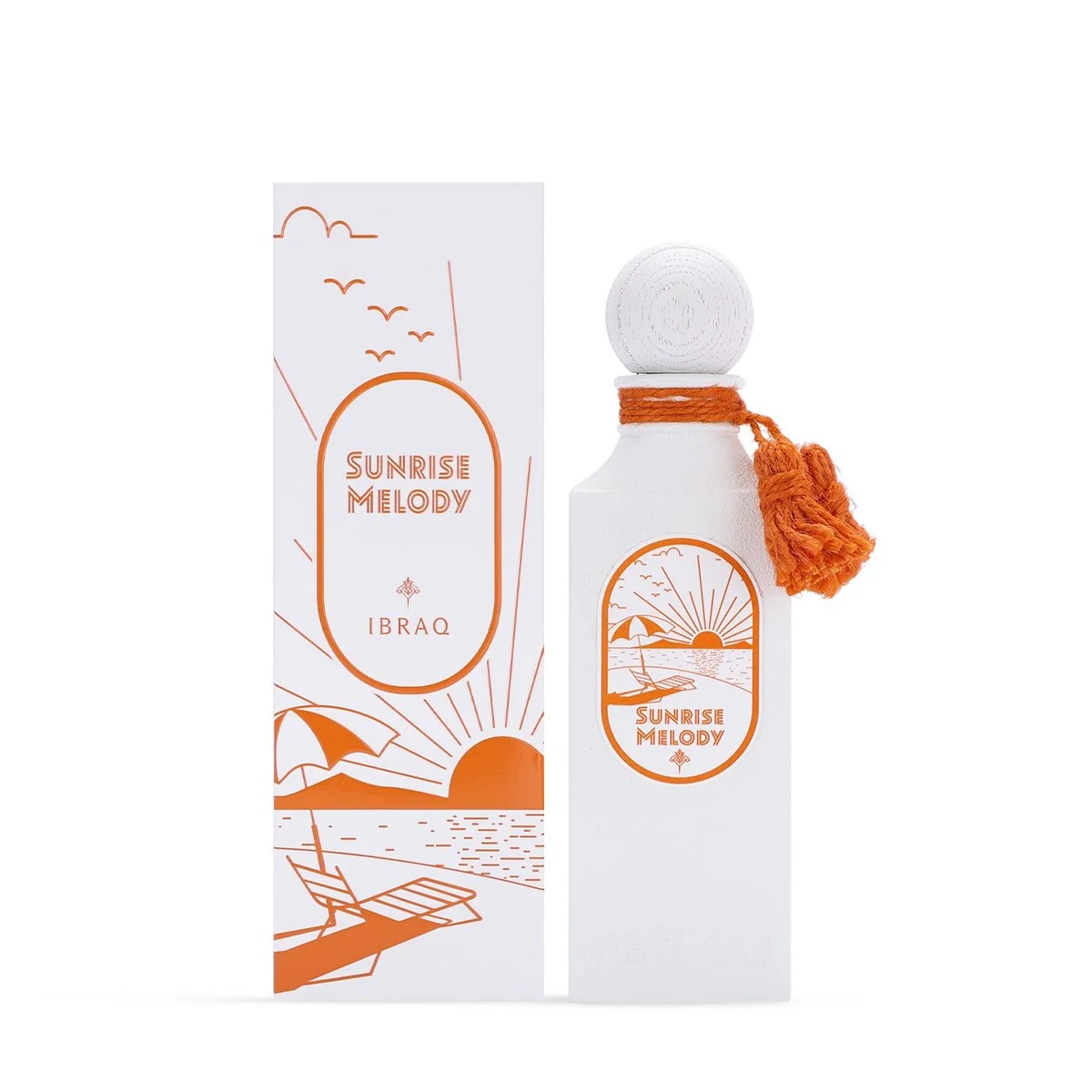 Sunrise Melody by Ibraheem Al Qurashi perfume bottle positioned beside its box, highlighting refined presentation.