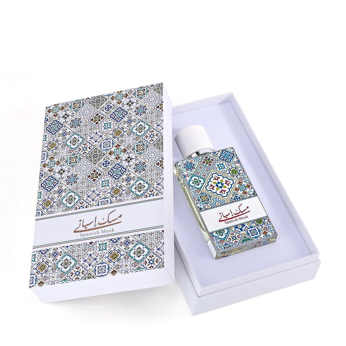 Arabian Oud Spanish Musk perfume inside open luxury box, premium presentation UK