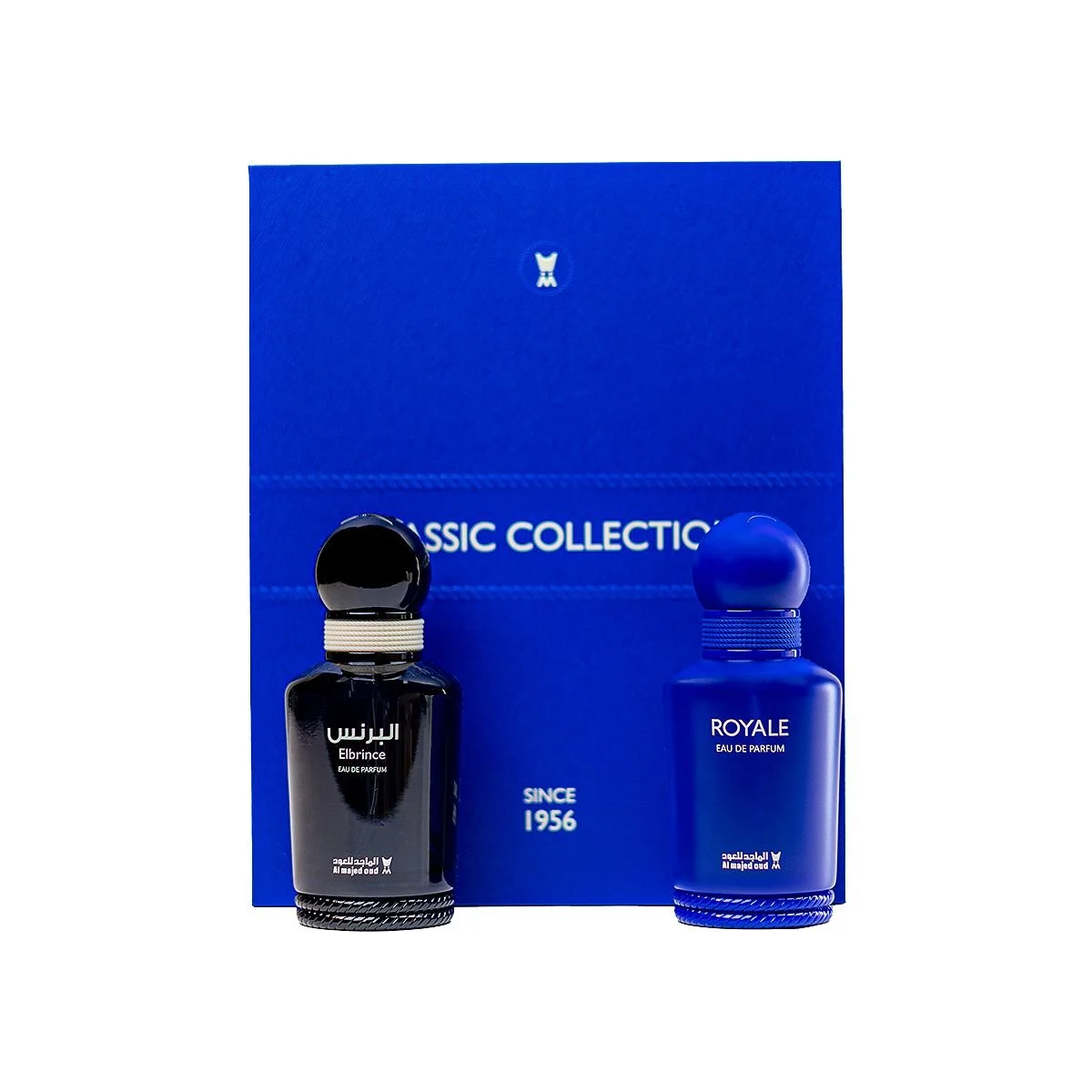 Front view of Al Majed Oud Elbrince Classics and Royale gift set open box showing both perfumes, luxury UK