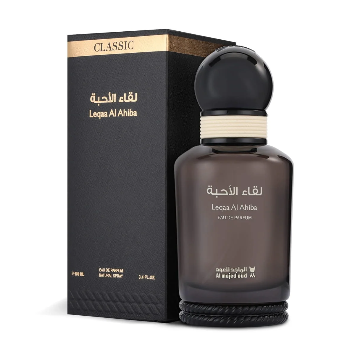 Al Majed Oud Leqaa Al Ahiba Classic perfume 100ml next to luxury case, premium fragrance UK