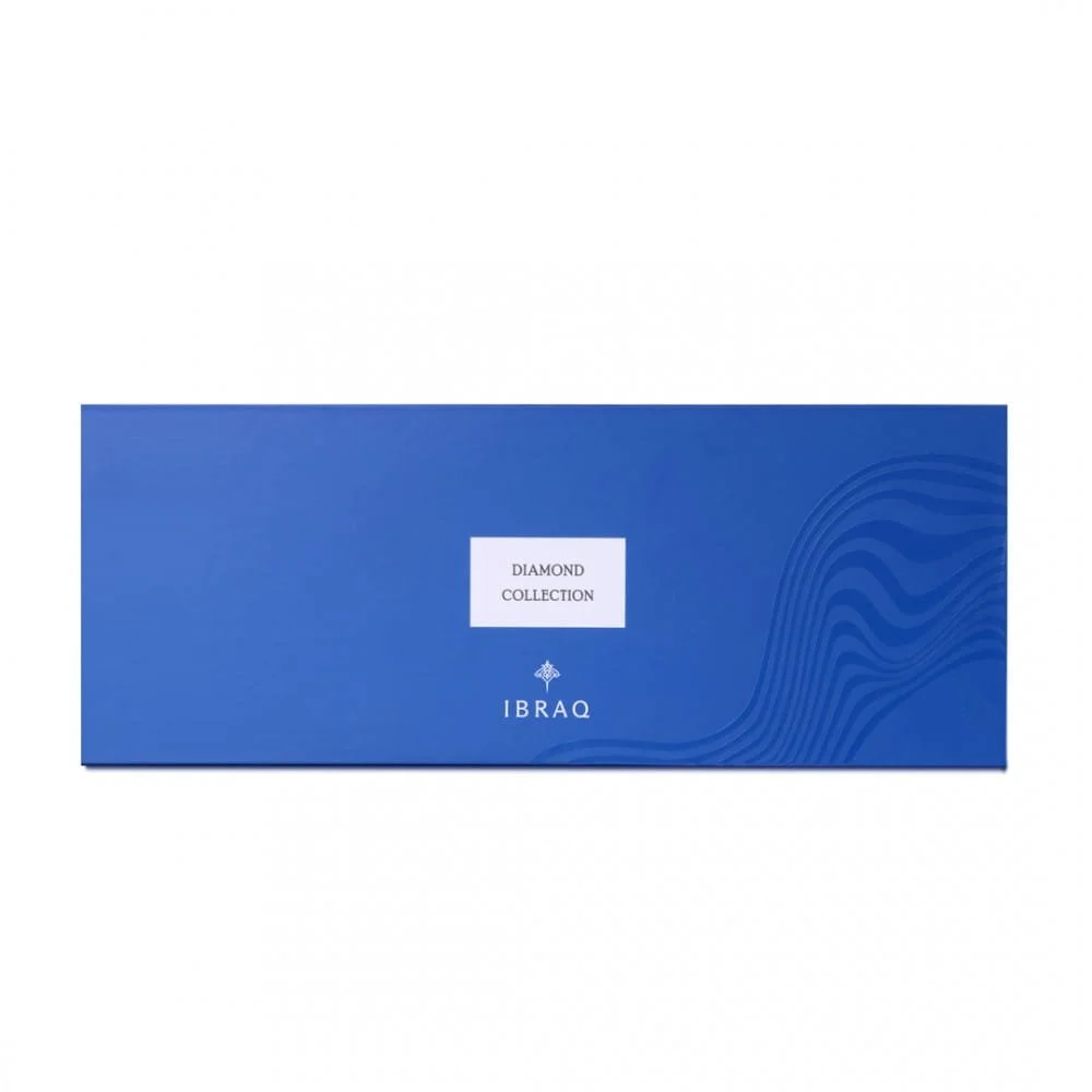 Front view of IBRAQ Discovery Diamond Blue collection box, luxury packaging UK