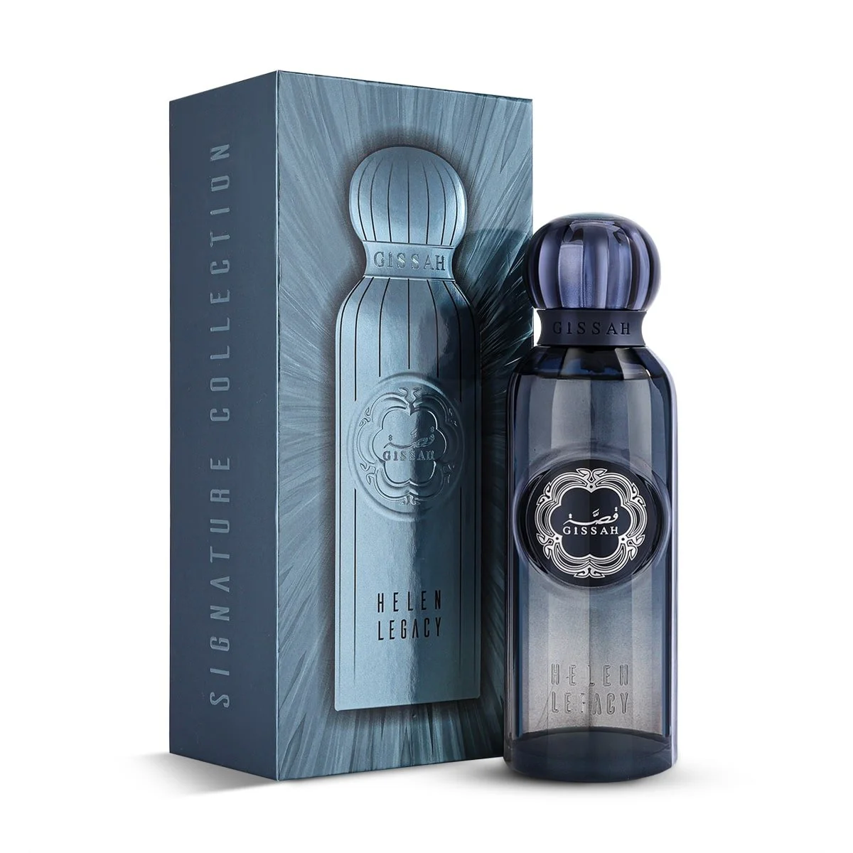Helen Legacy perfume bottle positioned in front of its box, displaying the refined Gissah branding and elegant presentation.