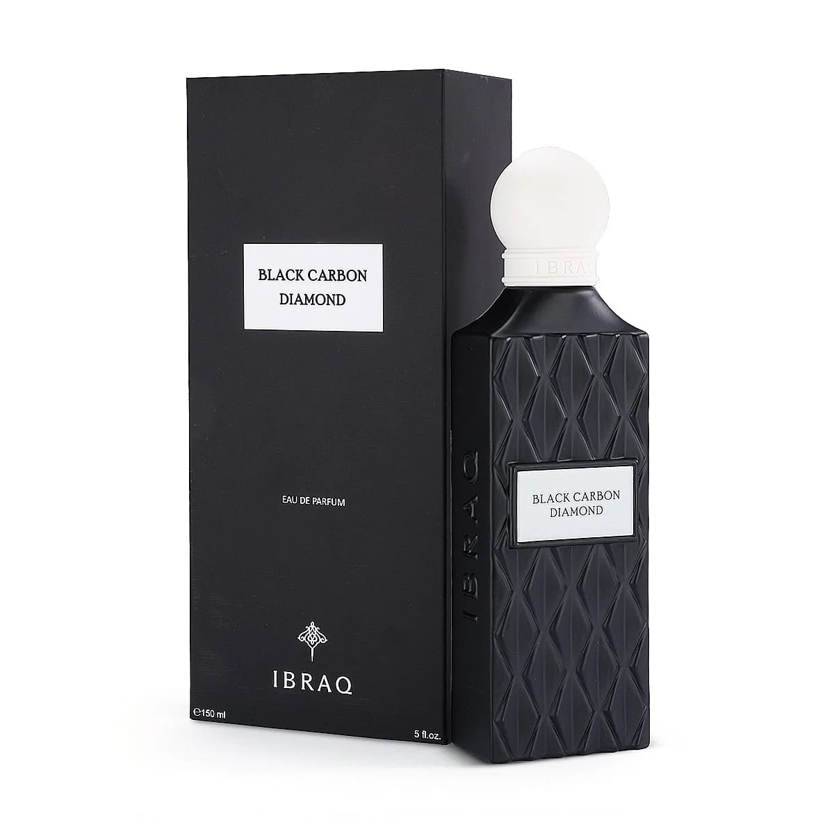 IBRAQ Black Carbon Diamond perfume 150ml next to box, premium signature fragrance UK