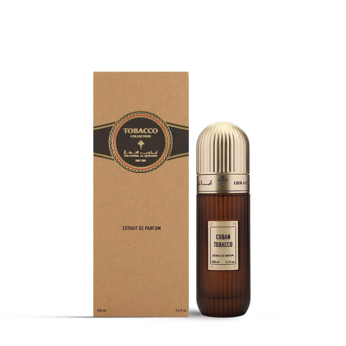 IBRAQ Cuban Tobacco perfume 100ml next to box, premium niche fragrance UK