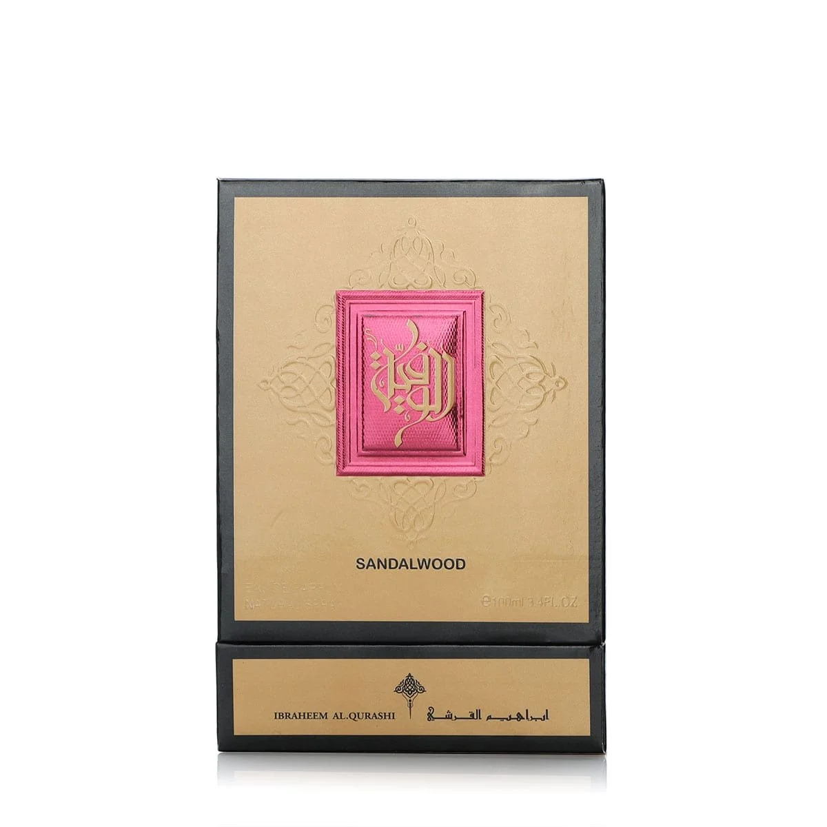 Front of Al Wafia Sandalwood perfume box by Ibraheem Al Qurashi, showing fragrance notes and product details, available at Al Rashid Galleria UK.