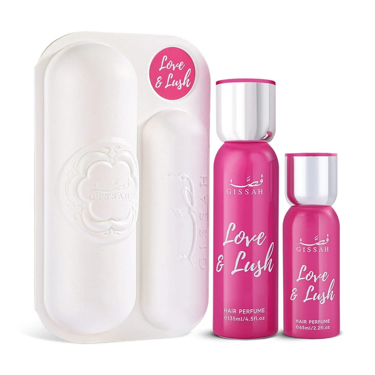 Gissah Love & Lush hair mist bottles displayed in front of luxury case, unisex hair fragrance UK