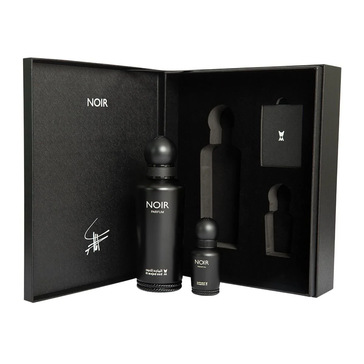 Front view of Al Majed Oud Noir gift set open box showing perfume and oil, premium fragrance set UK