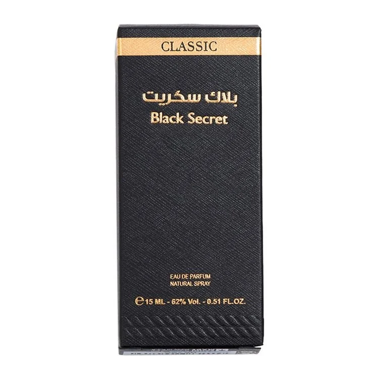 Front view of Al Majed Oud Black Secret Classic 15ml mini exclusive perfume box, luxury packaging UK