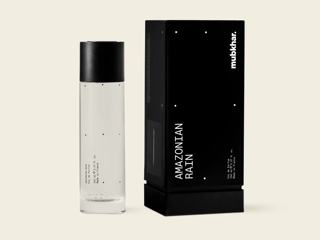 Mubkhar Amazonian Rain Eau De Parfum 150ml beside its box, elegant tonka woody perfume UK