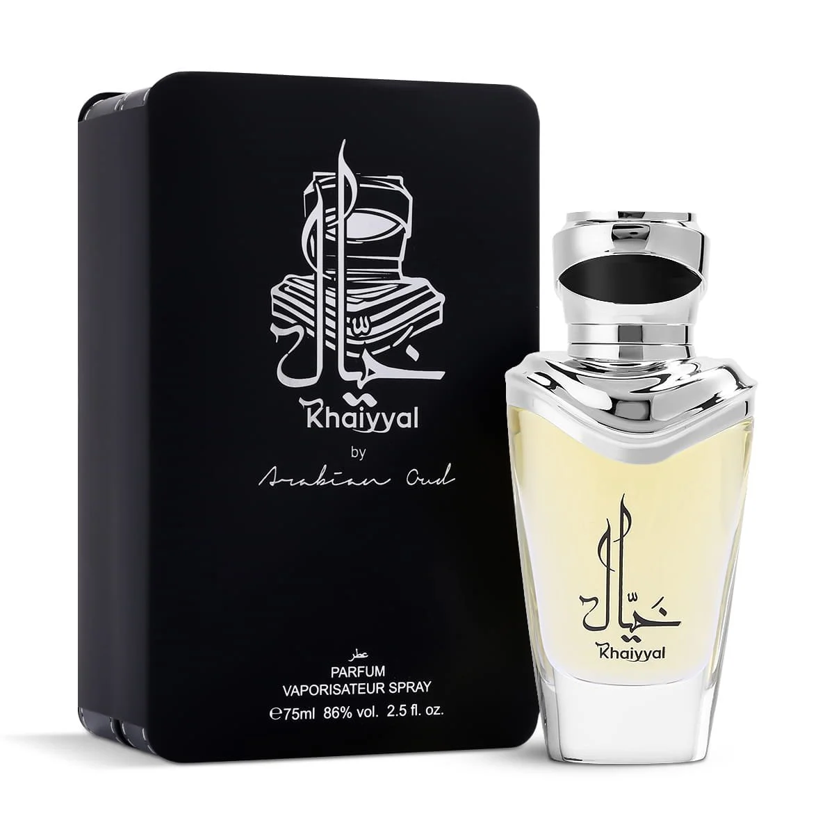 Arabian Oud Khaiyyal Eau De Parfum 75ml beside luxury branded box UK