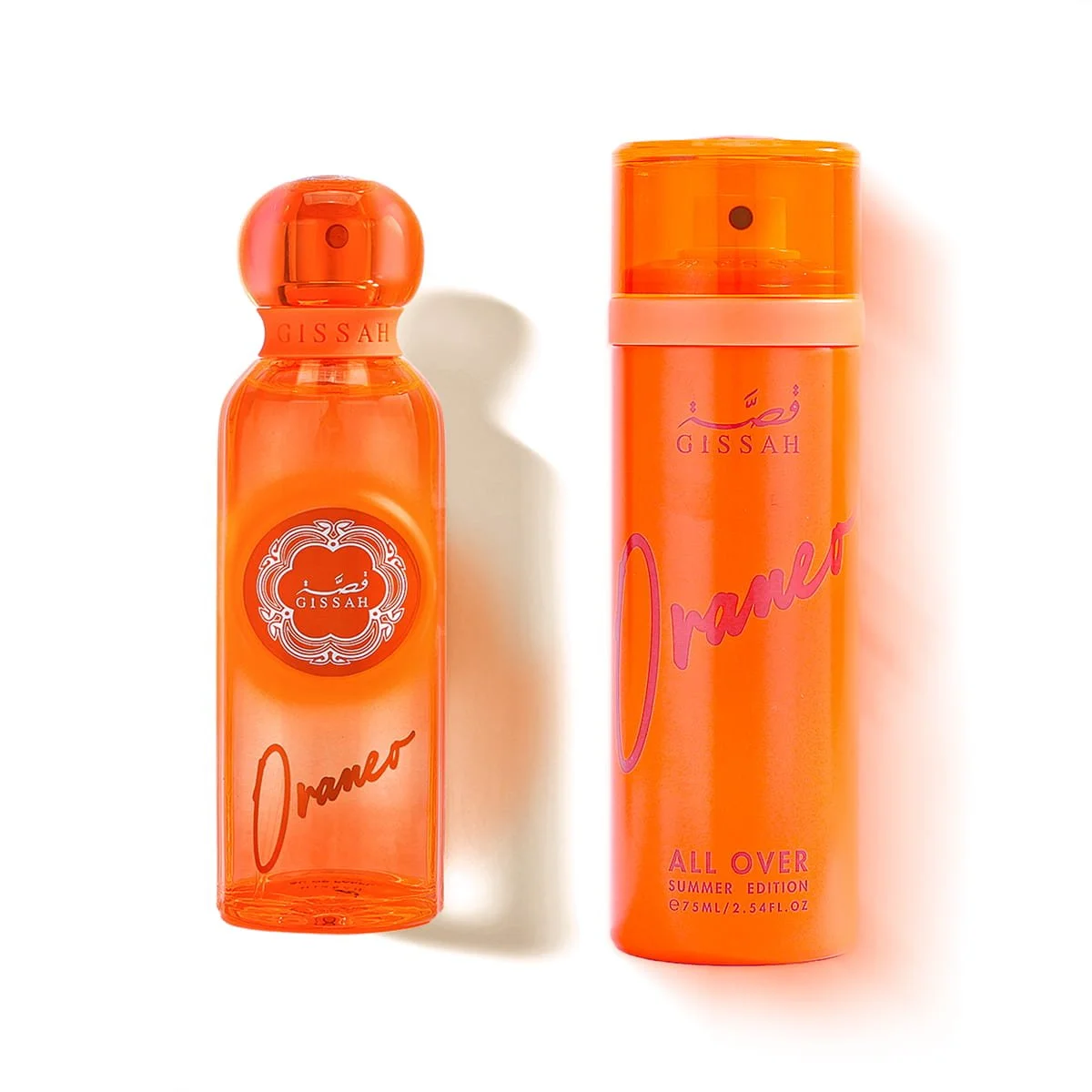 Gissah Oraneo Summer Edition Eau De Parfum and All Over Spray on white background UK