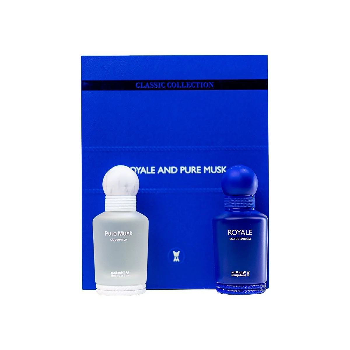 Front view of Al Majed Oud Royale and Pure Musk gift set open box showing both perfumes, luxury UK