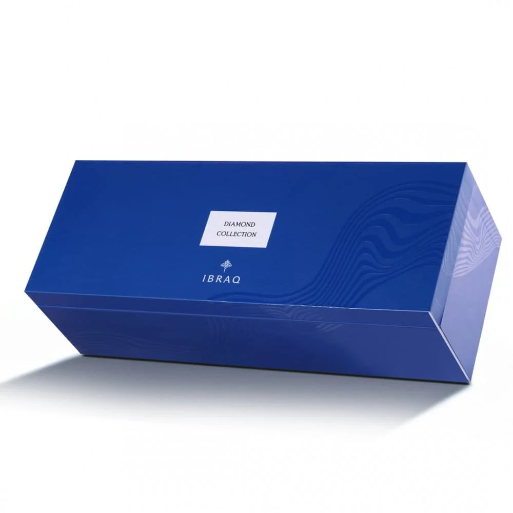 Top angled view of IBRAQ Discovery Diamond Blue box, premium luxury packaging UK