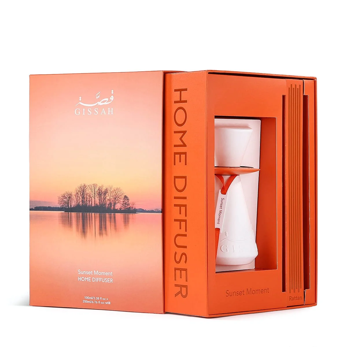 Gissah Sunset Moment diffuser set displayed inside open box with sticks and case, luxury UK gift