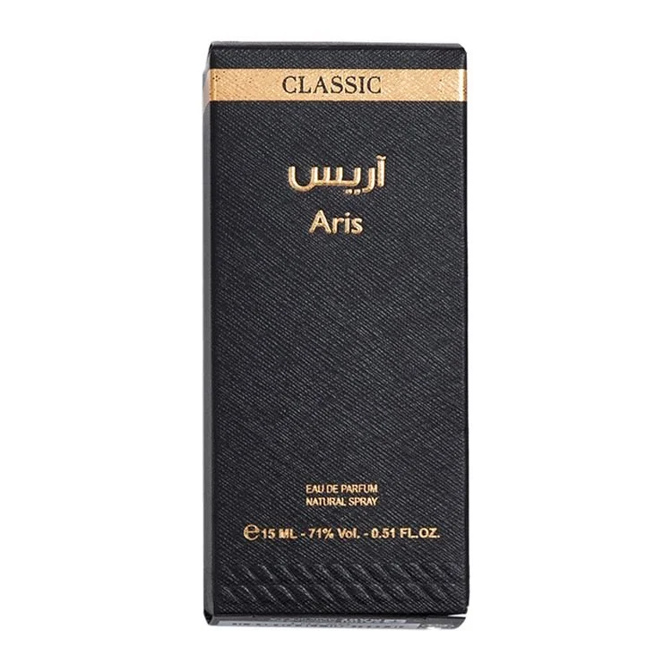 Front view of Al Majed Oud Aris Classic 15ml mini exclusive perfume box, luxury packaging UK