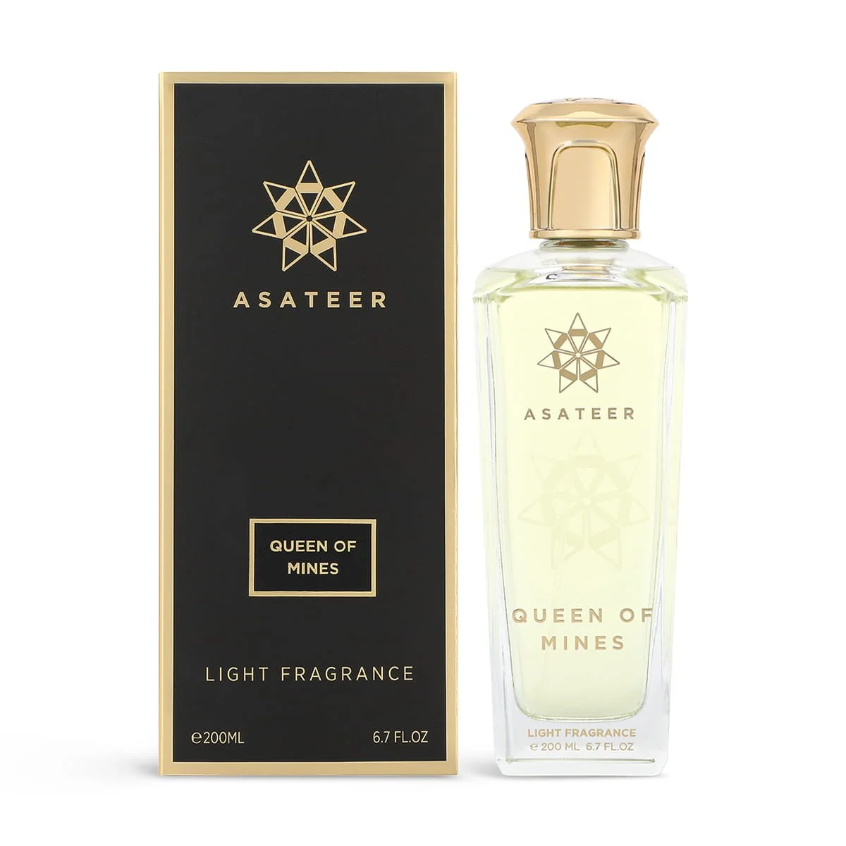 Asateer The Queen Of Mines Light Fragrance 200ml next to luxury branded box UK