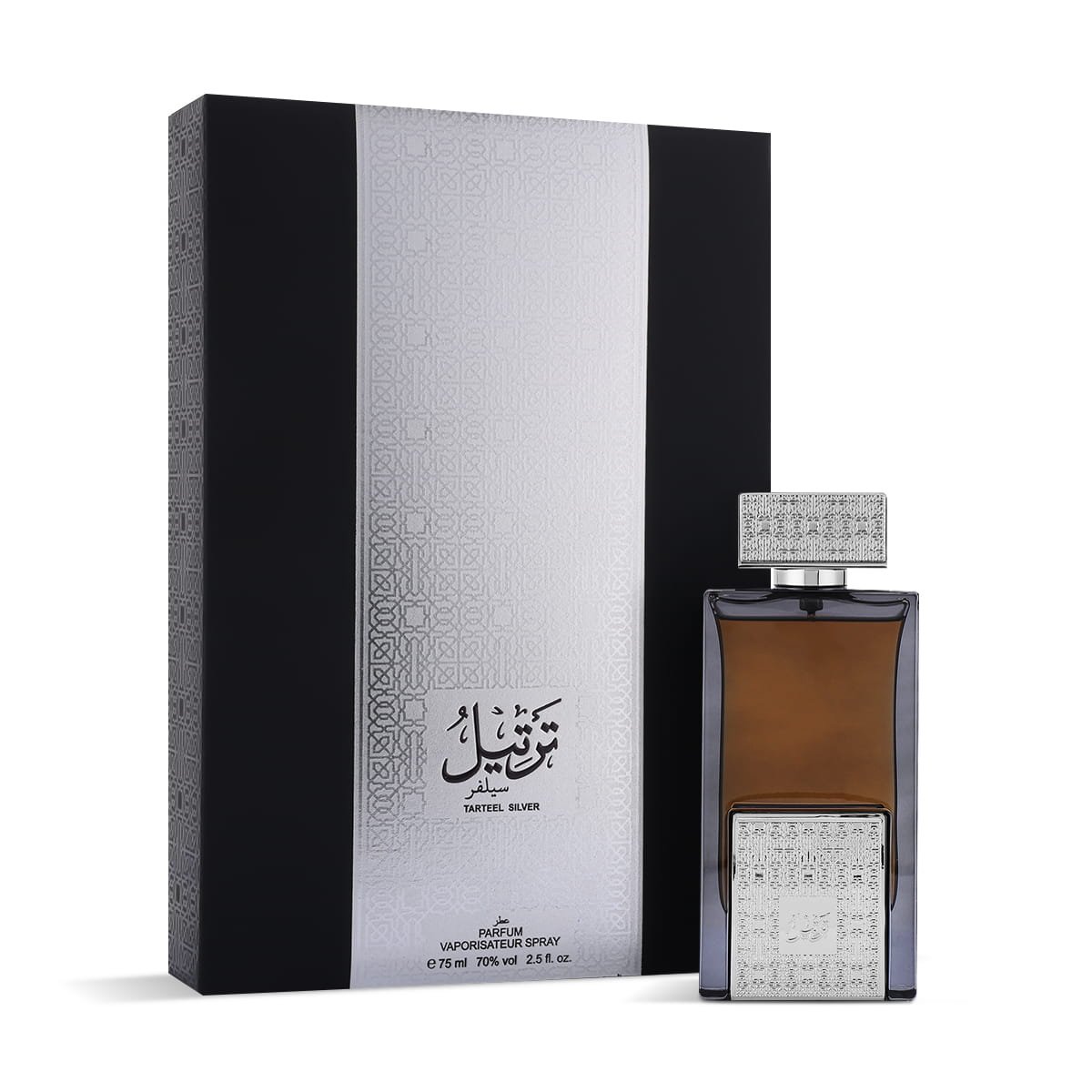 Arabian Oud Tarteel Silver Eau De Parfum 75ml beside luxury branded box UK