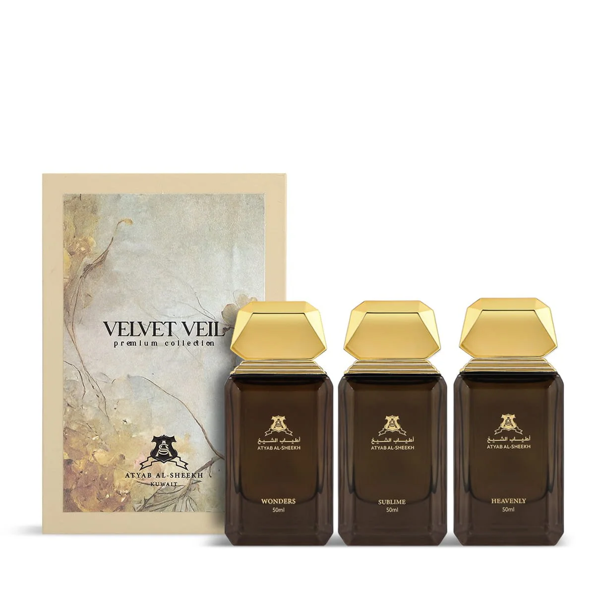 Atyab Al Sheekh Velvet Veil Collection perfumes displayed in front of luxury gift box UK