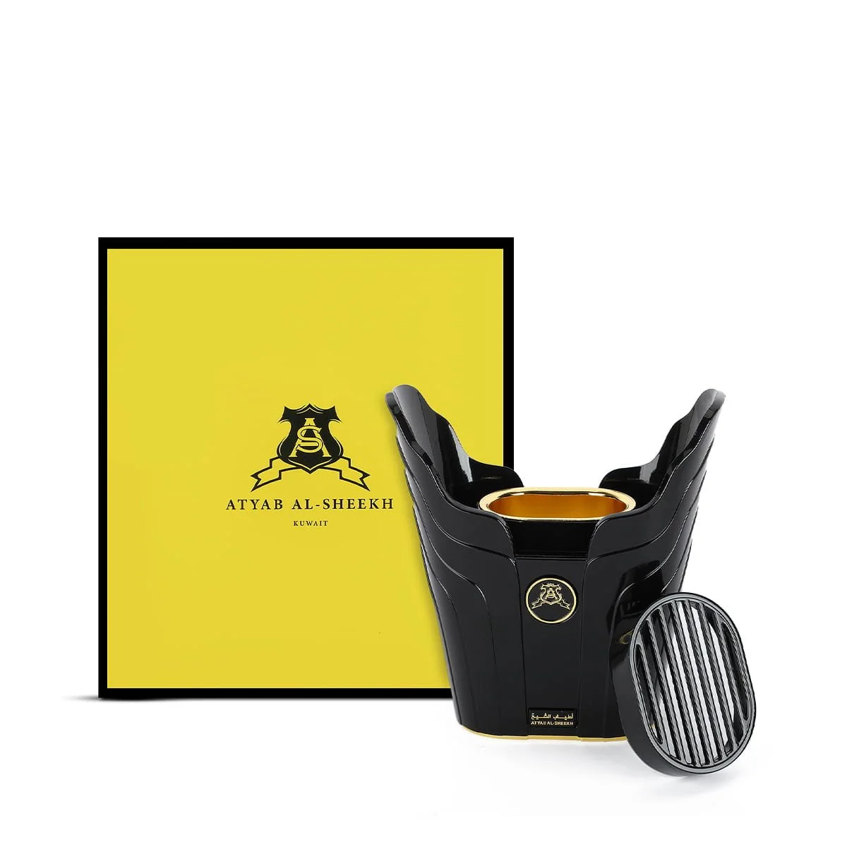 Atyab Al Sheekh Small Mabkhar Black displayed in front of luxury box UK