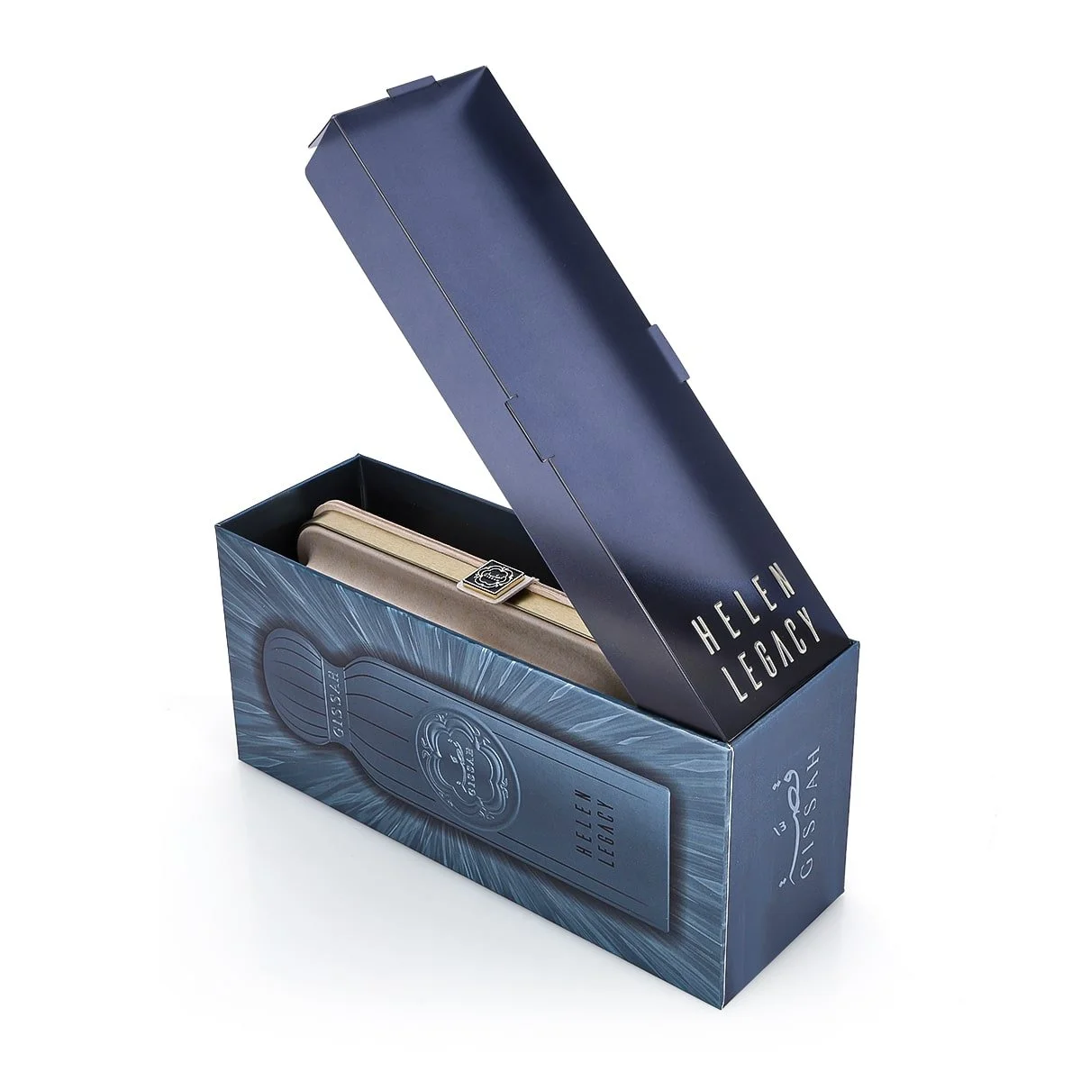 Helen Legacy by Gissah perfume case presented inside its box, slightly open to reveal the premium packaging and elegant craftsmanship.