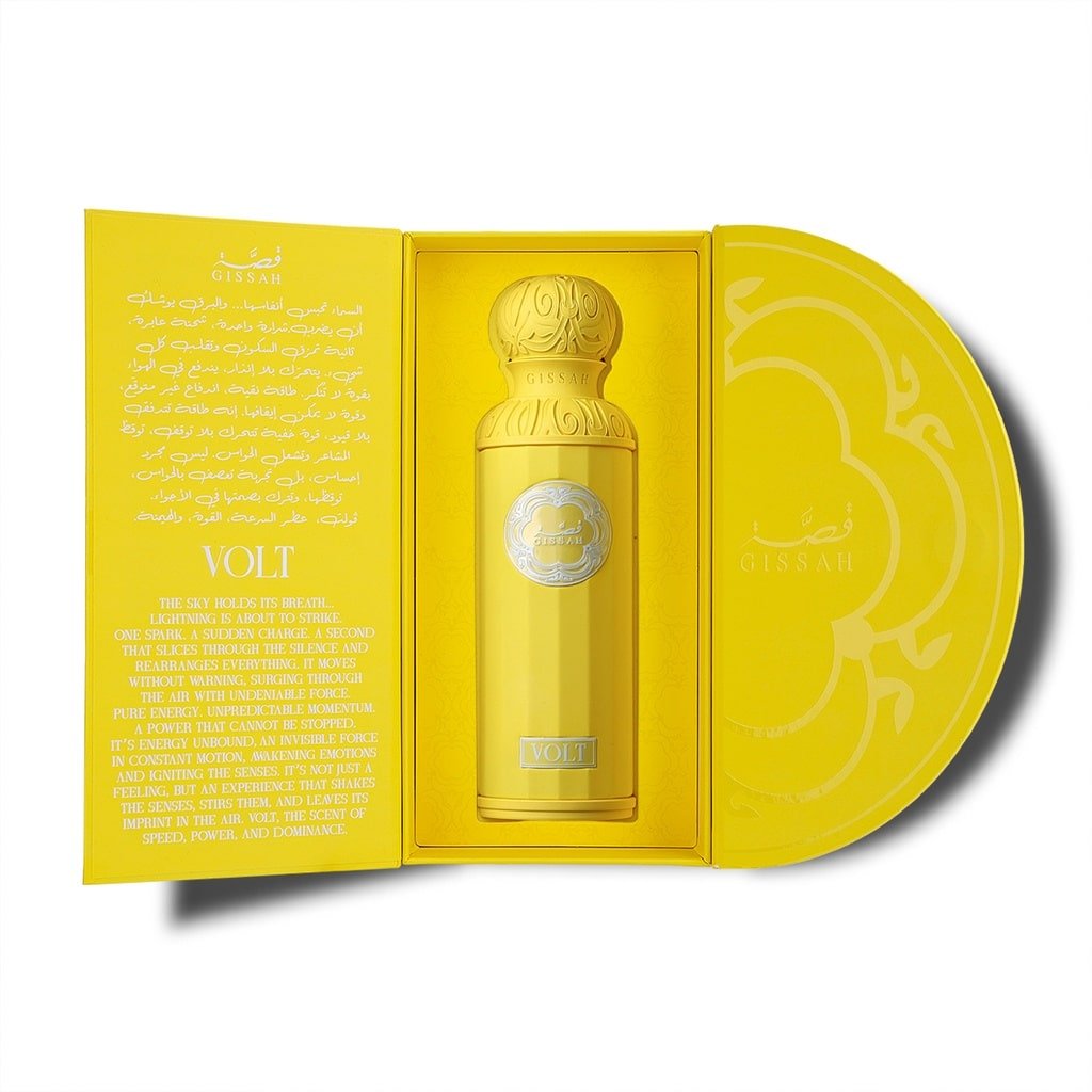 Gissah VOLT Eau De Parfum in open yellow box showing luxury design, branding, and elegant writing – exclusive to Al Rashid Galleria UK