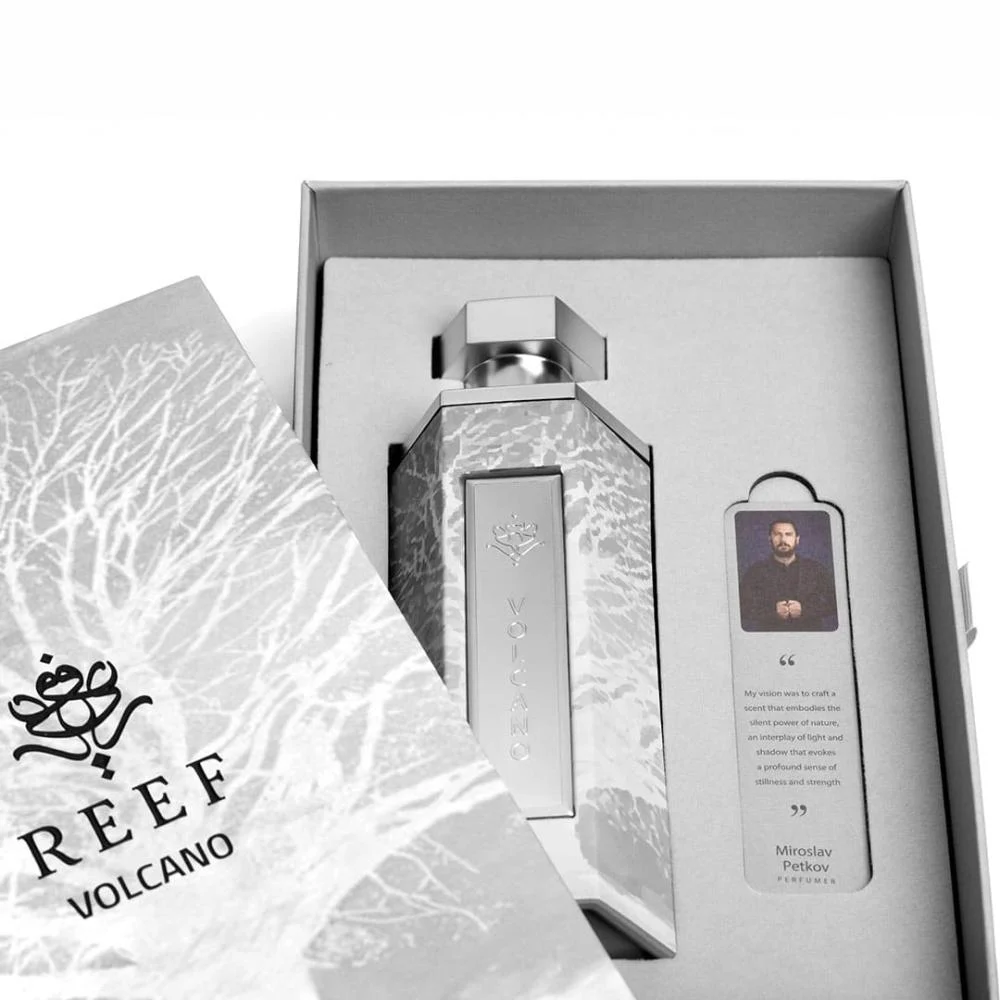 Volcano by Reef Perfumes shown inside its box with front packaging visible, fresh woody unisex perfume from Al Rashid Galleria UK