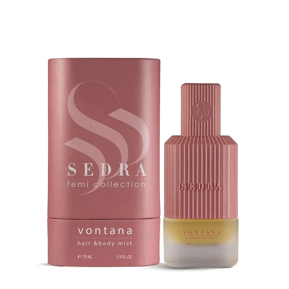 Sedra Vontana hair and body mist next to luxury box, premium vanilla cocoa fragrance UK