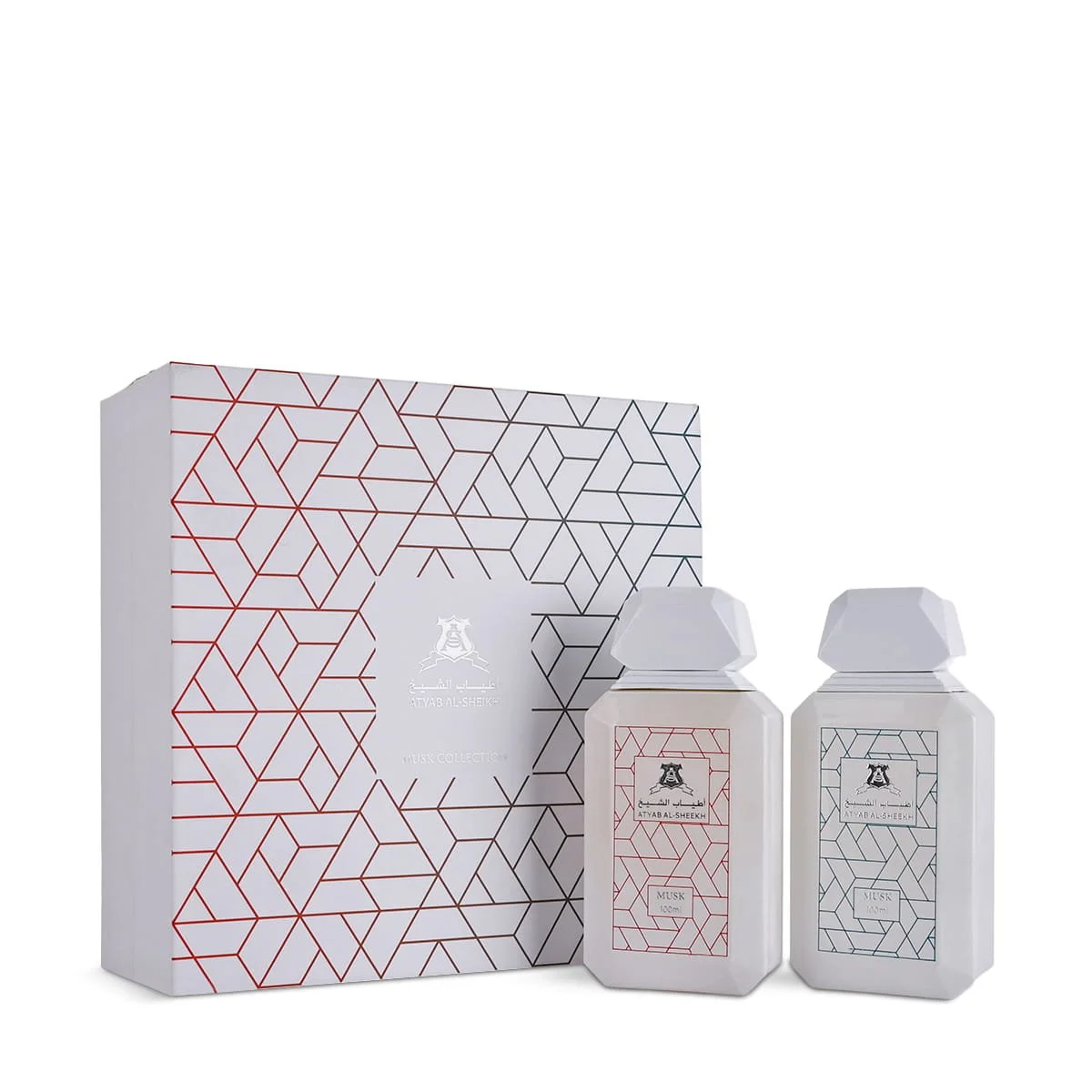 Atyab Al Sheekh Musk Collection perfumes displayed in front of luxury gift box UK