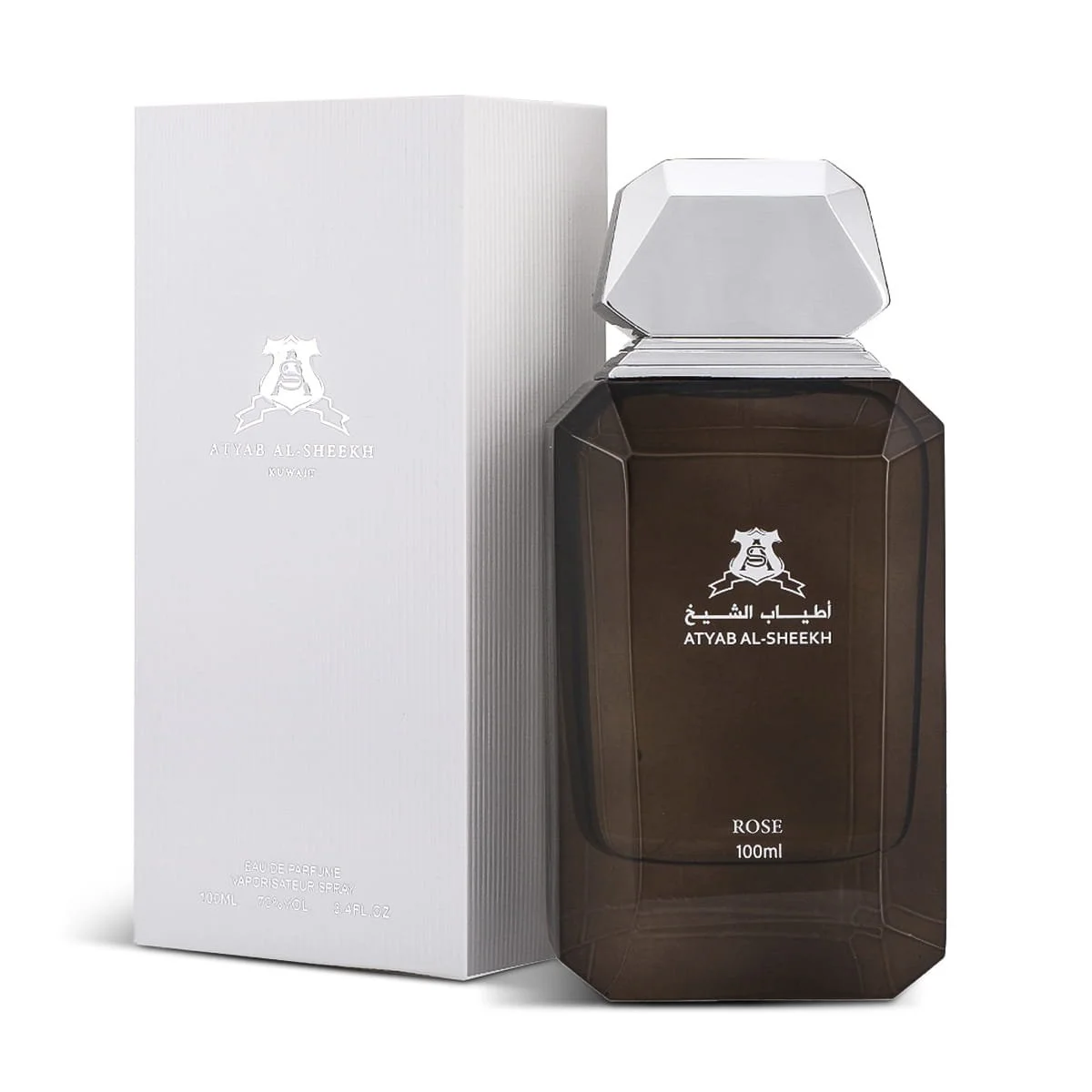 Rose perfume by Atyab Al Sheekh next to luxury box, premium woody musk fragrance UK