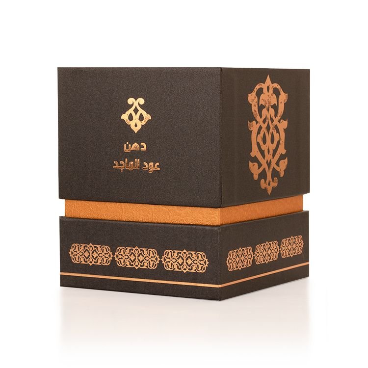 Front view of Al Majed Oud Dehn Oud Al Majed 3ml box, luxury packaging UK