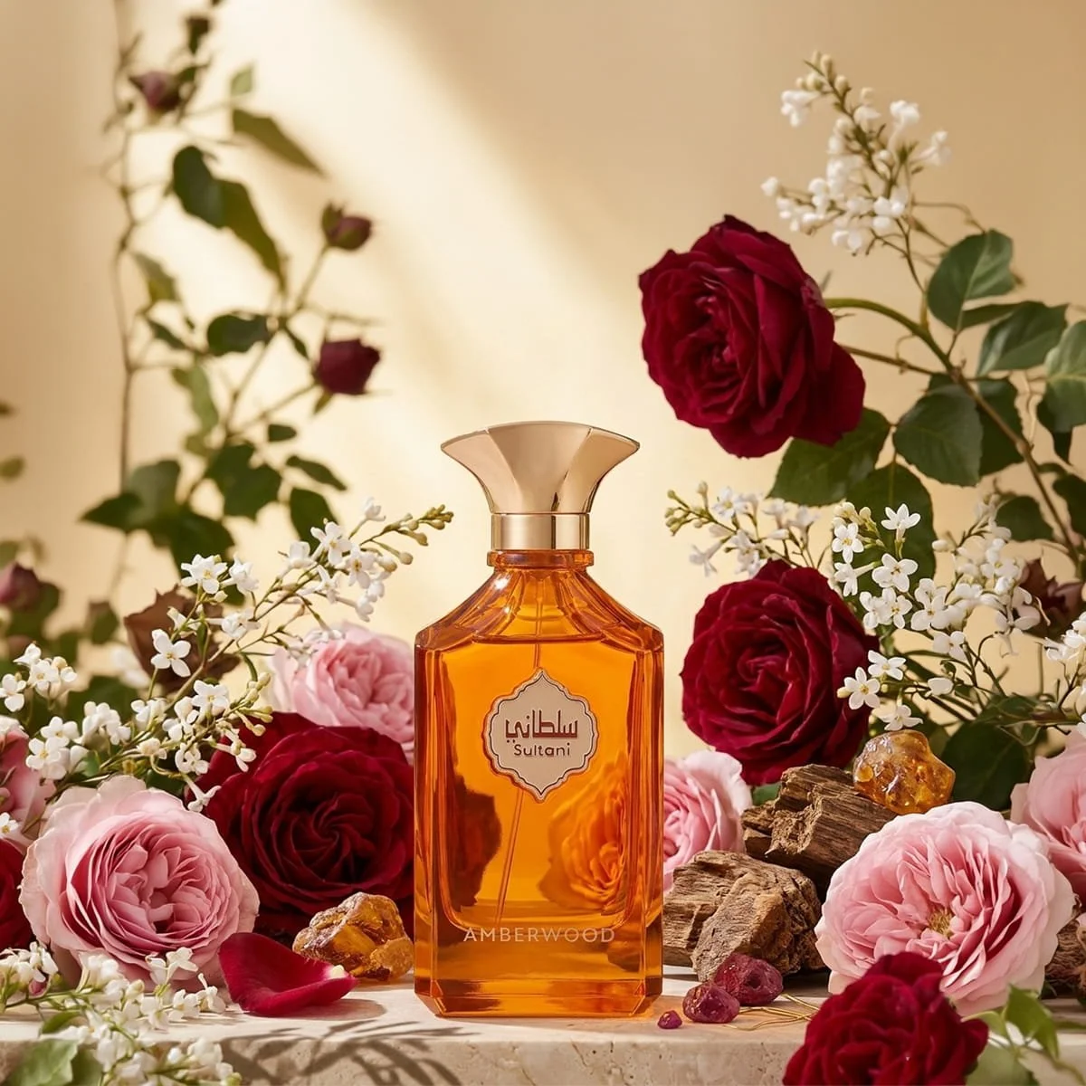 Arabian Oud Sultani Amberwood perfume with rose, caramel and amber ingredients, luxury fragrance UK