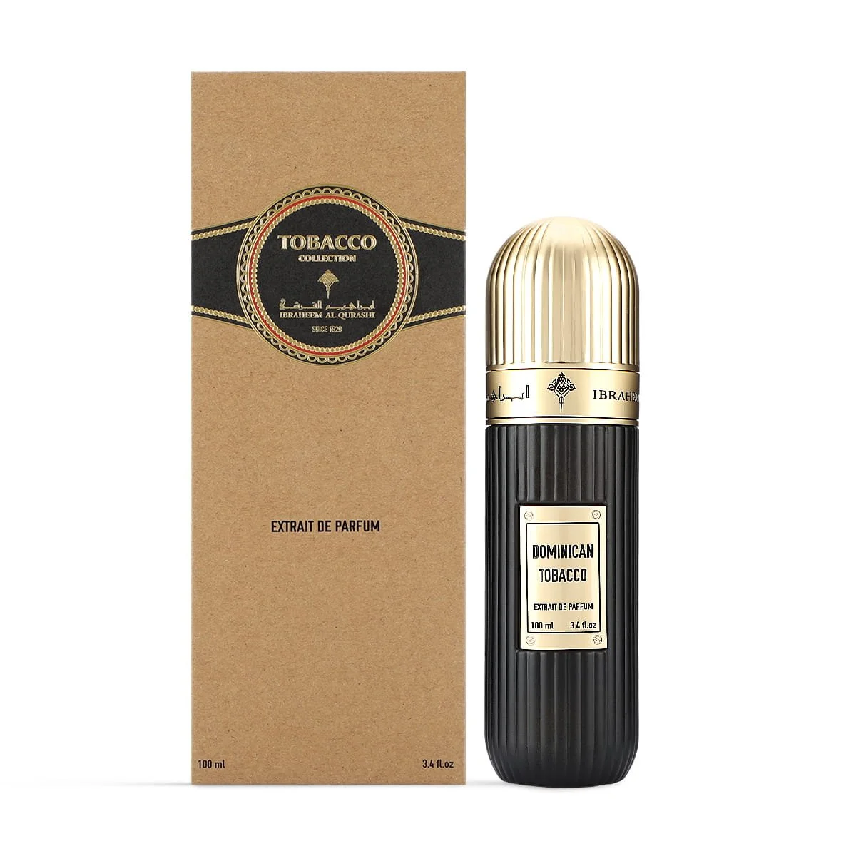 IBRAQ Dominican Tobacco perfume 100ml next to box, premium niche fragrance UK