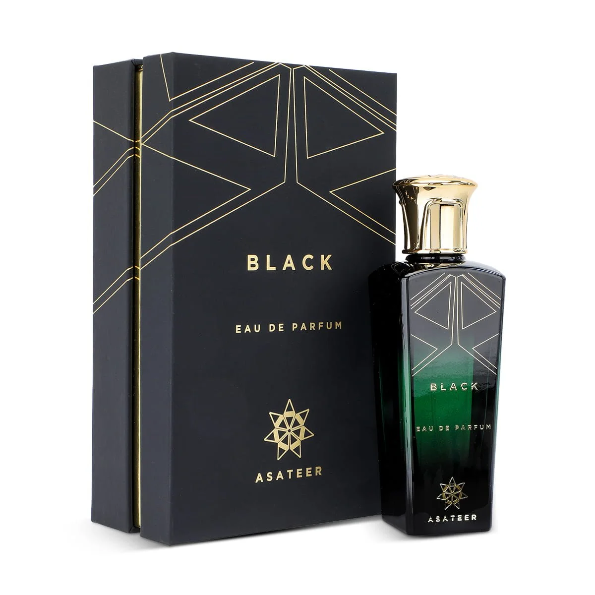 Asateer Black Eau De Parfum 80ml next to luxury branded box UK