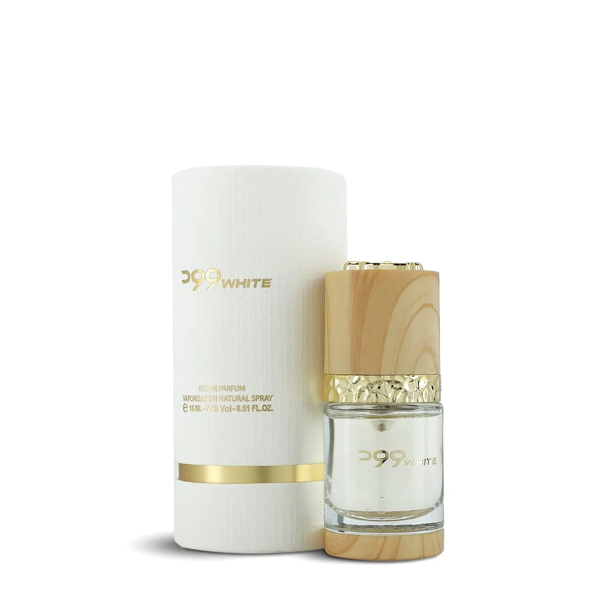 Al Majed Oud Wood White 15ml mini perfume next to box, luxury woody fragrance UK