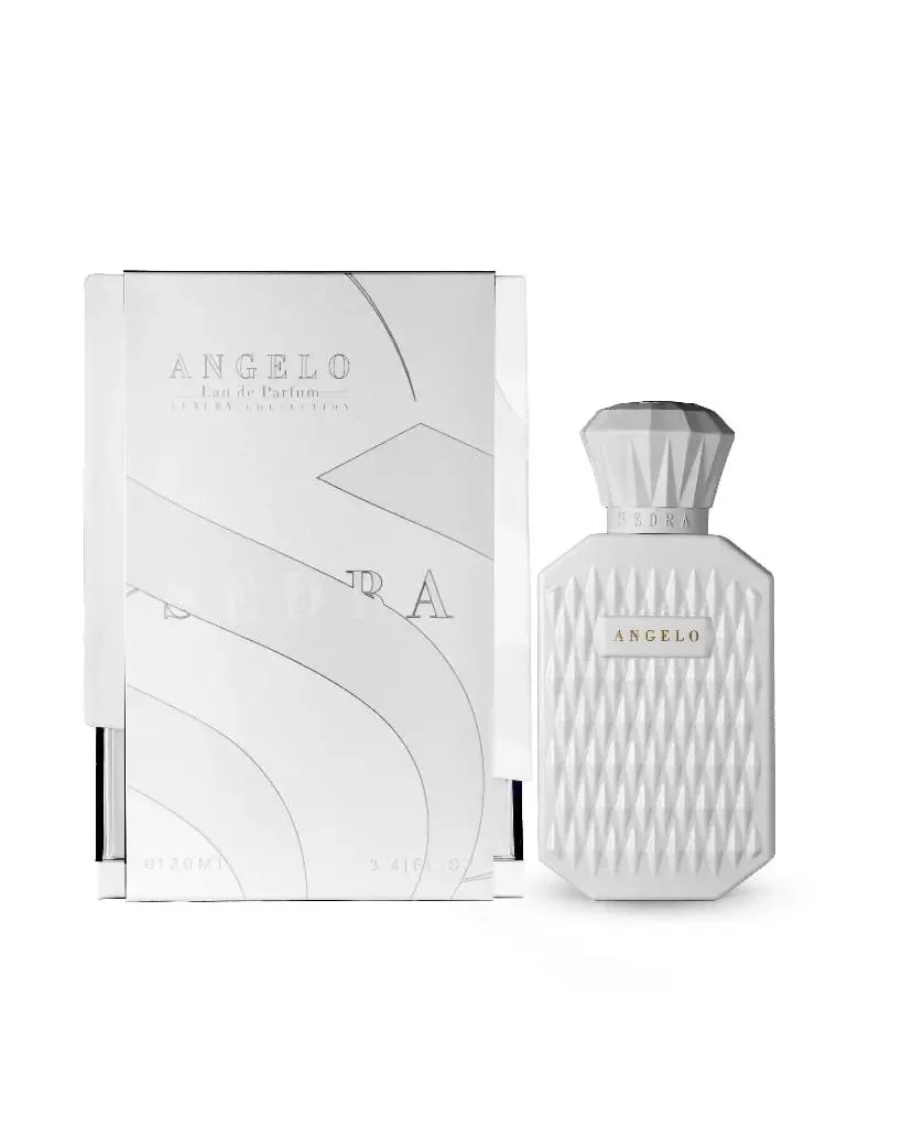 Sedra Angelo perfume 120ml next to luxury box, premium amber woody fragrance UK