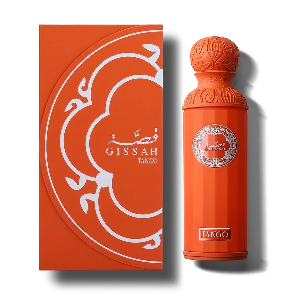 Front of Gissah TANGO box and matching orange perfume bottle – tropical gourmand scent – summer unisex fragrance – Al Rashid Galleria UK