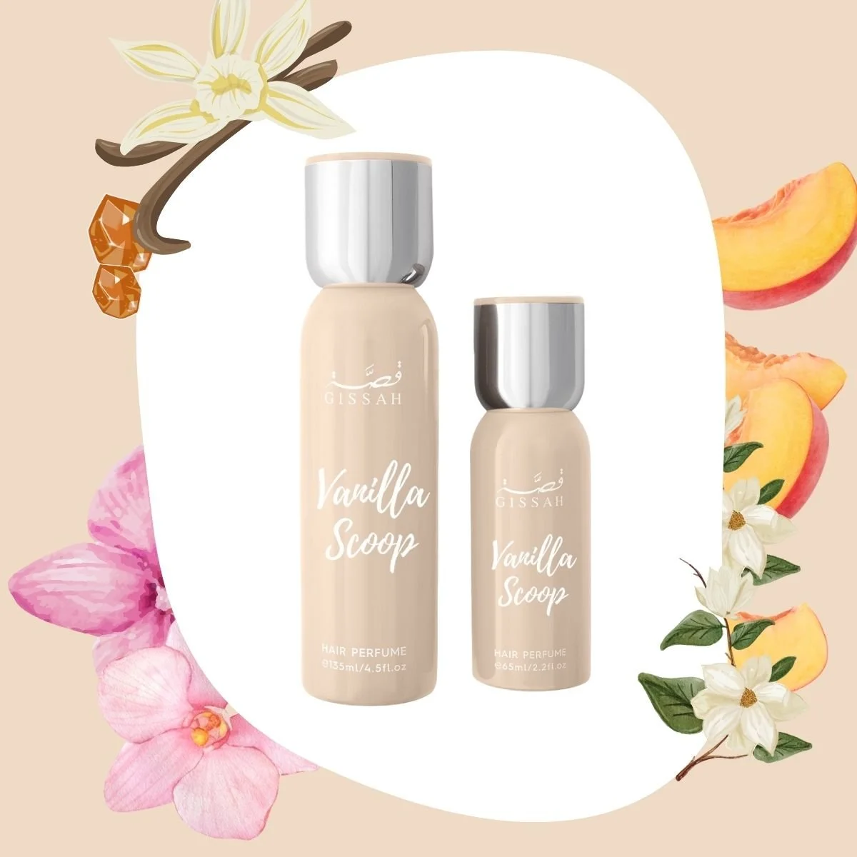 Gissah Vanilla Scoop hair mist set on floral background, feminine luxury hair perfume UK