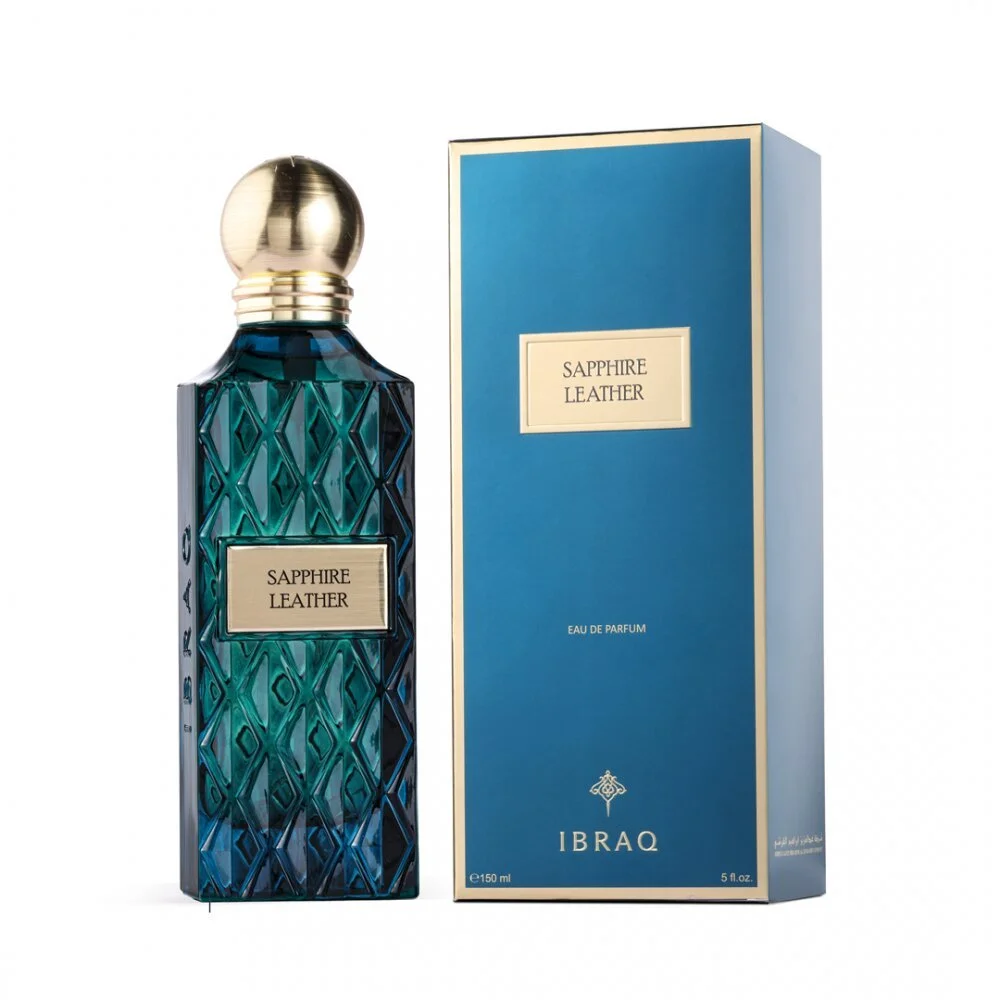 IBRAQ Sapphire Leather perfume 150ml next to box, luxury leather fragrance UK