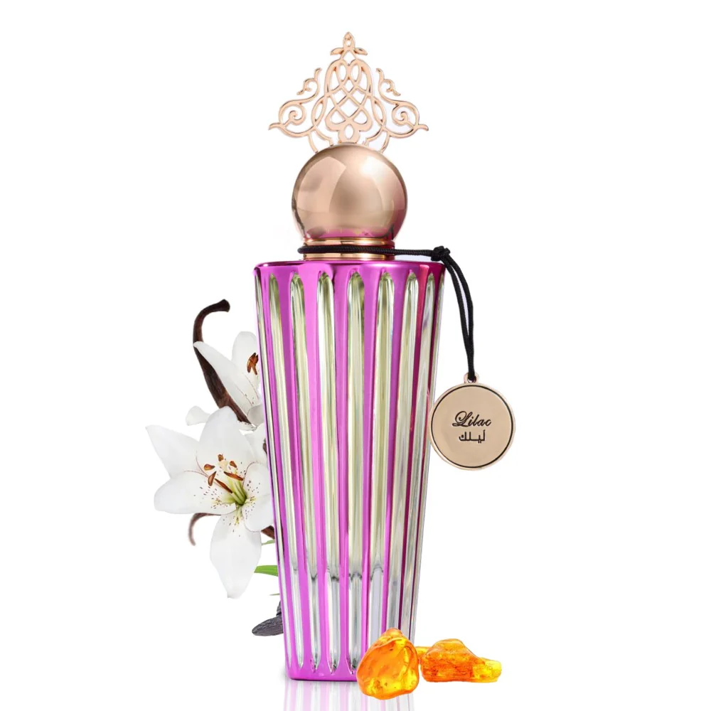 Iconic Lilac by Ibraheem Al Qurashi – perfume bottle styled with lilac, rose, and amber ingredients in the background at Al Rashid Galleria UK.