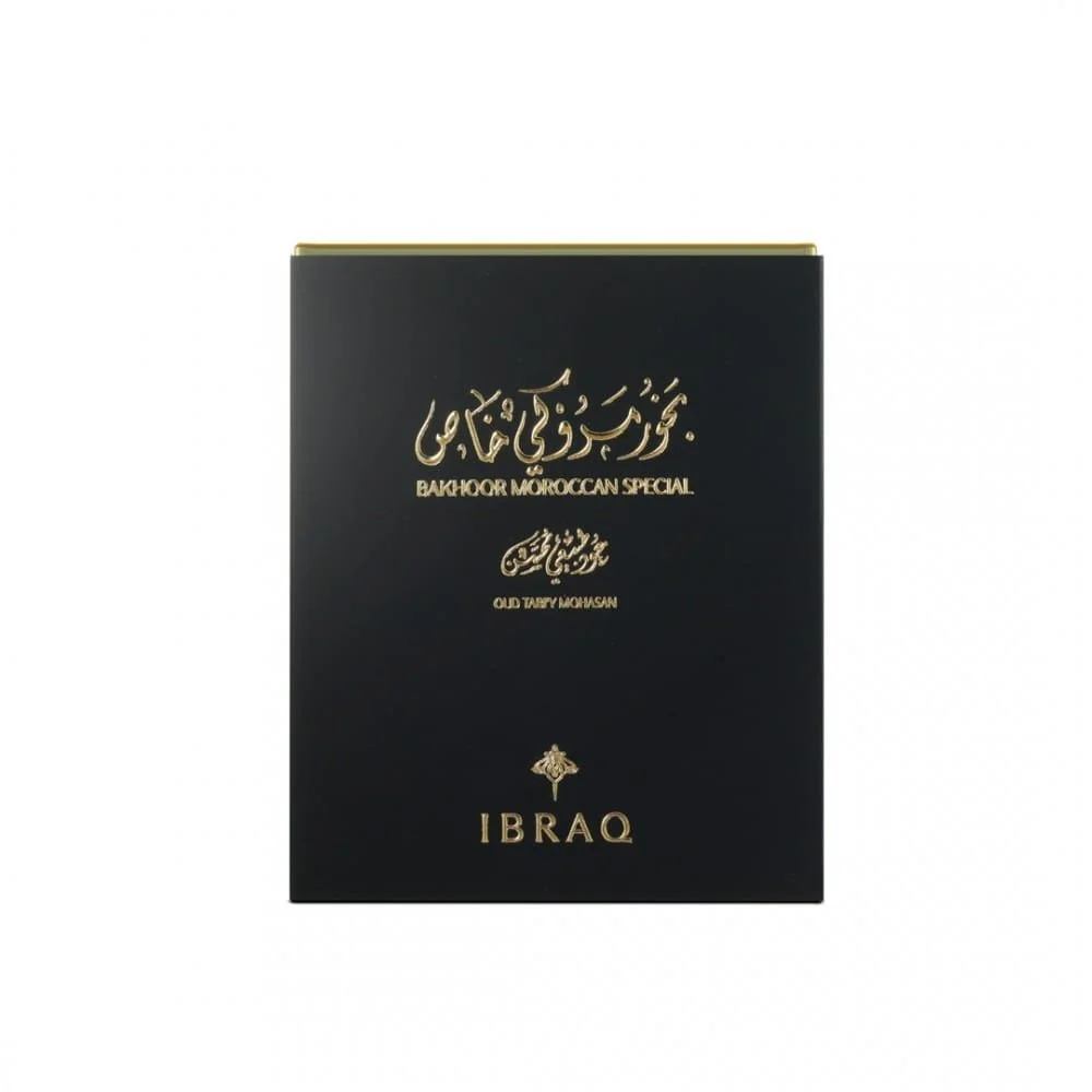 Front view of IBRAQ Bakhoor Moroccan Special Oud Tabiy Mohasan 30gm box, luxury bakhoor packaging UK