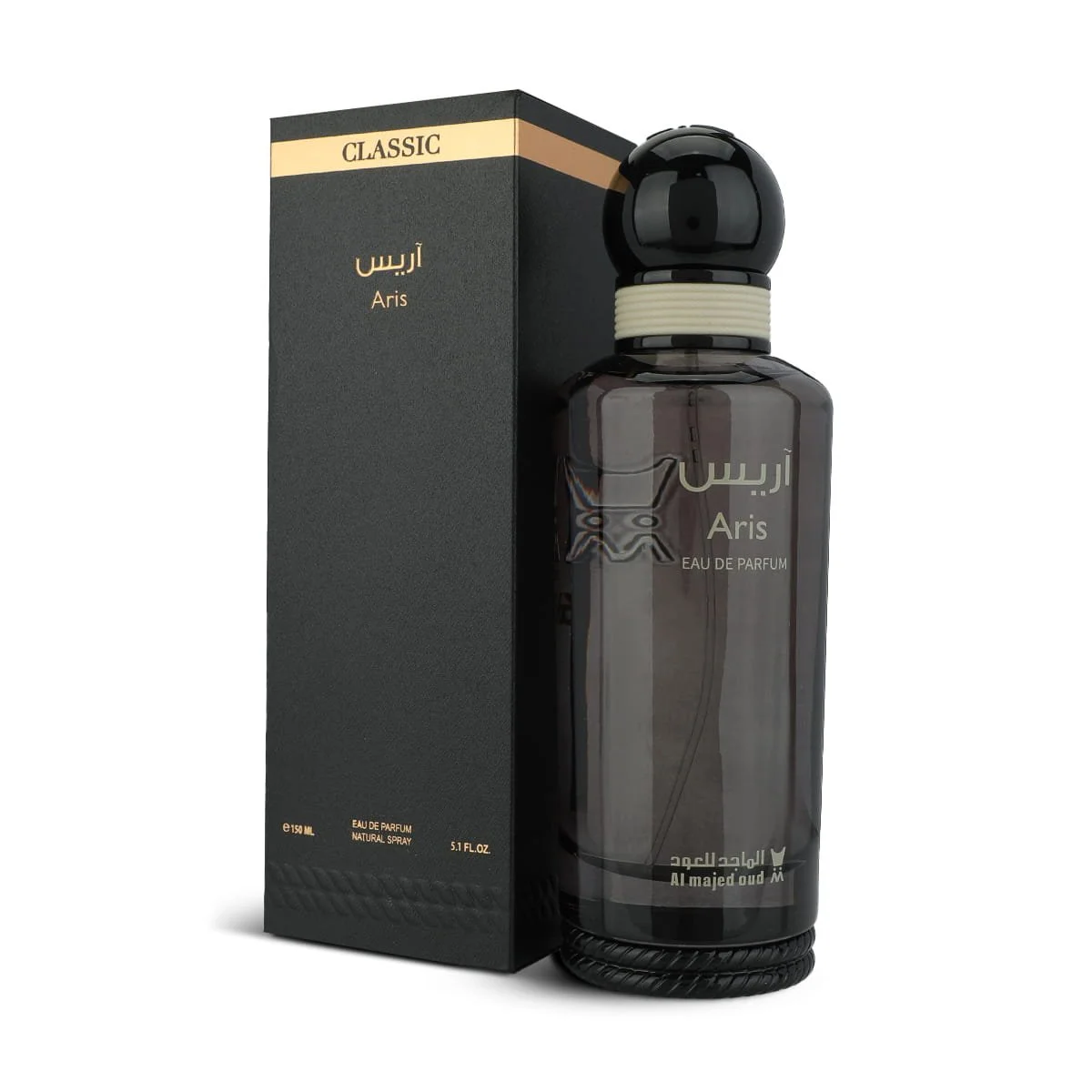 Al Majed Oud Aris Classic perfume 150ml next to box, premium fragrance UK
