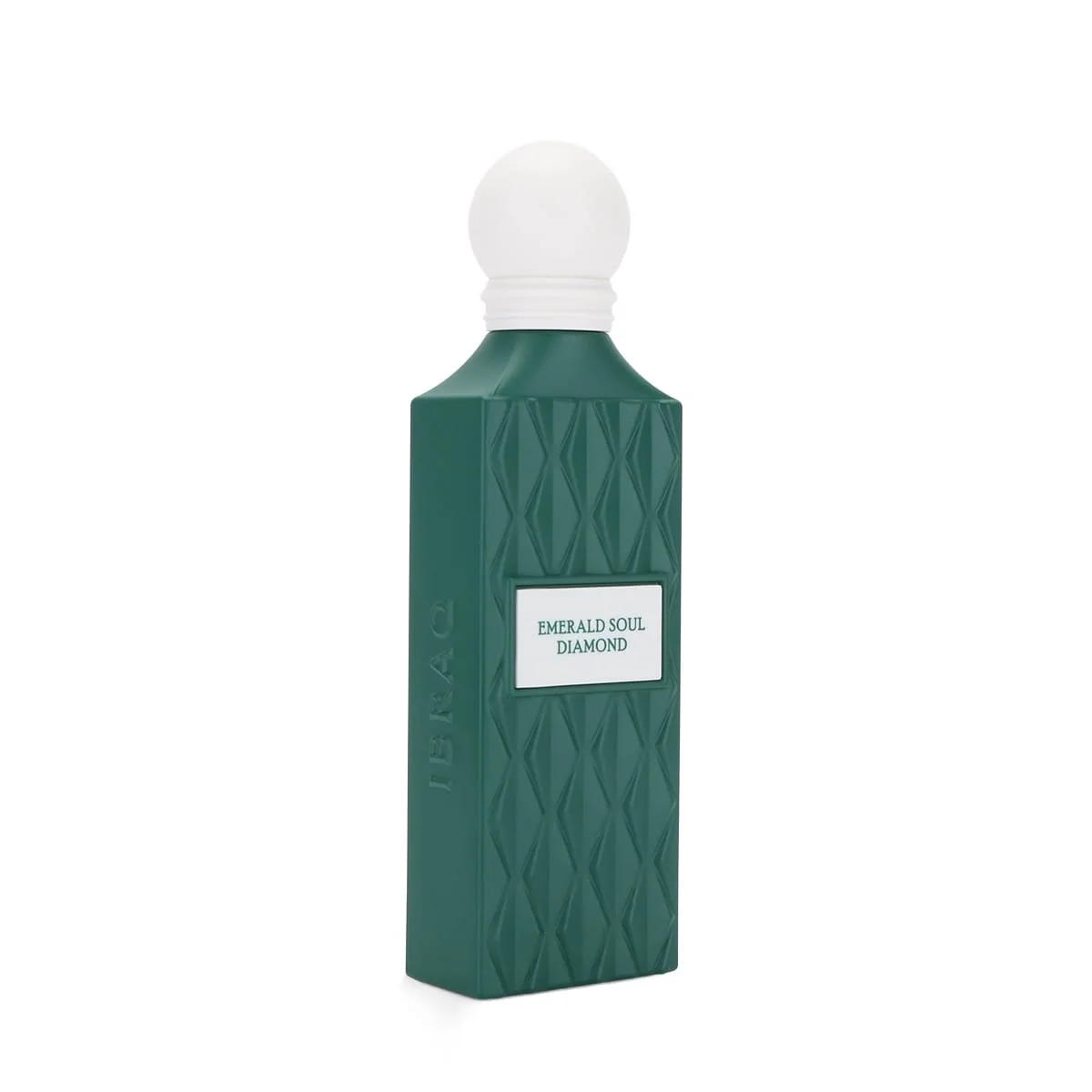 Side angle view of IBRAQ Emerald Soul Diamond perfume 150ml, luxury fragrance UK