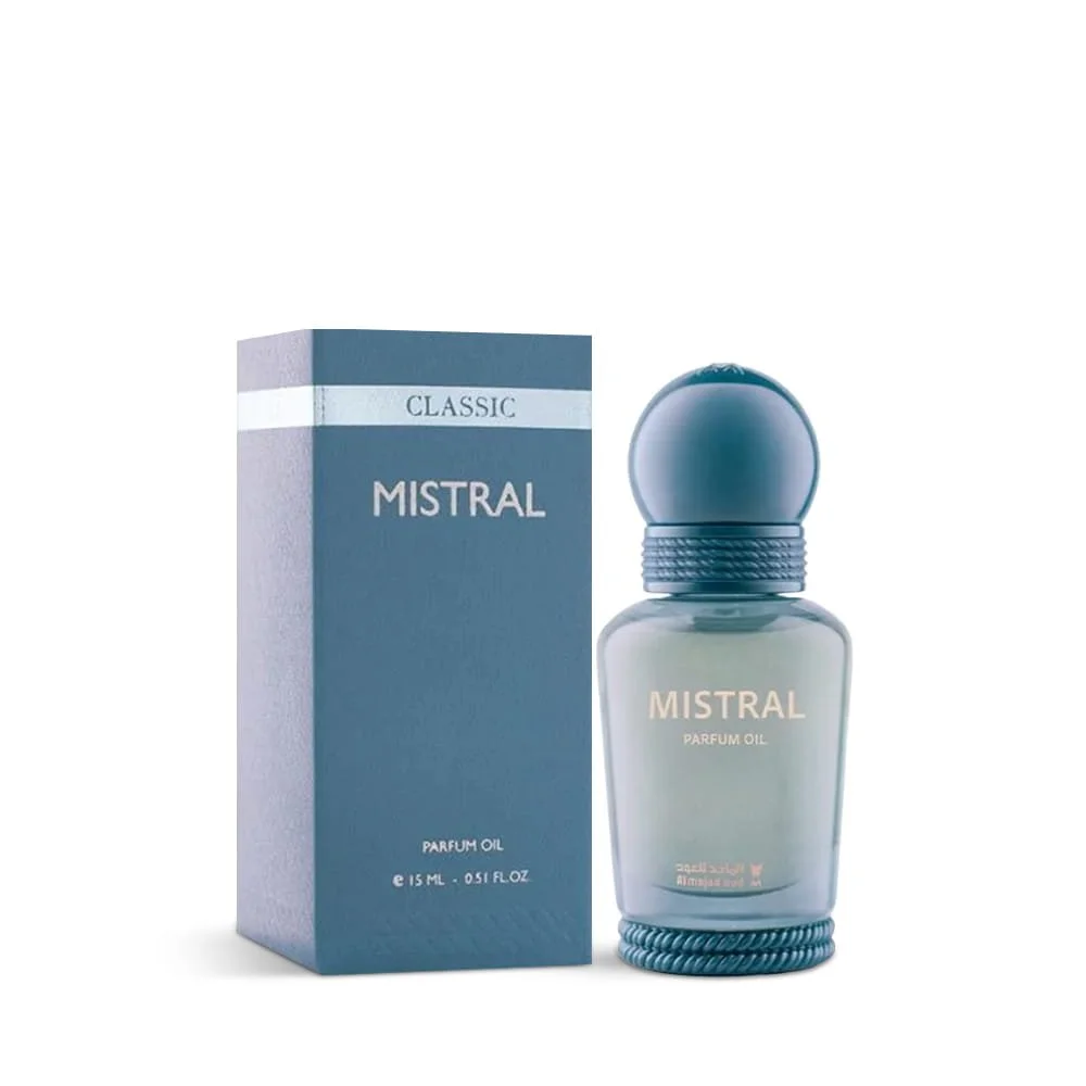 Al Majed Oud Mistral parfum oil 15ml next to box, luxury fragrance oil UK