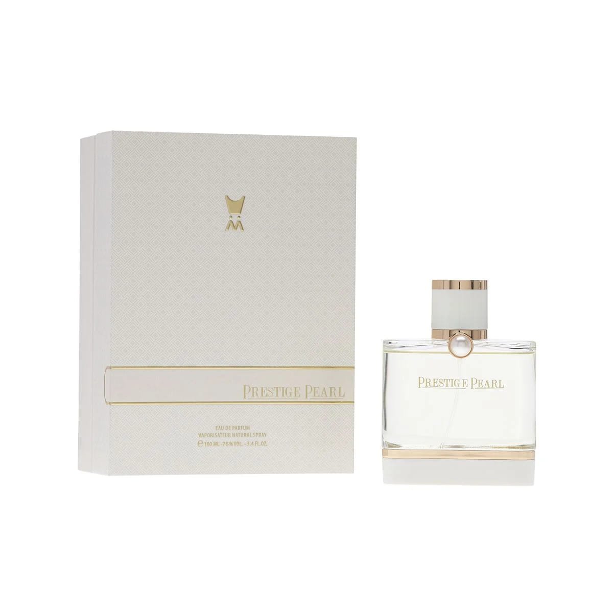Al Majed Oud Prestige Pearl perfume 100ml next to box, luxury fragrance UK