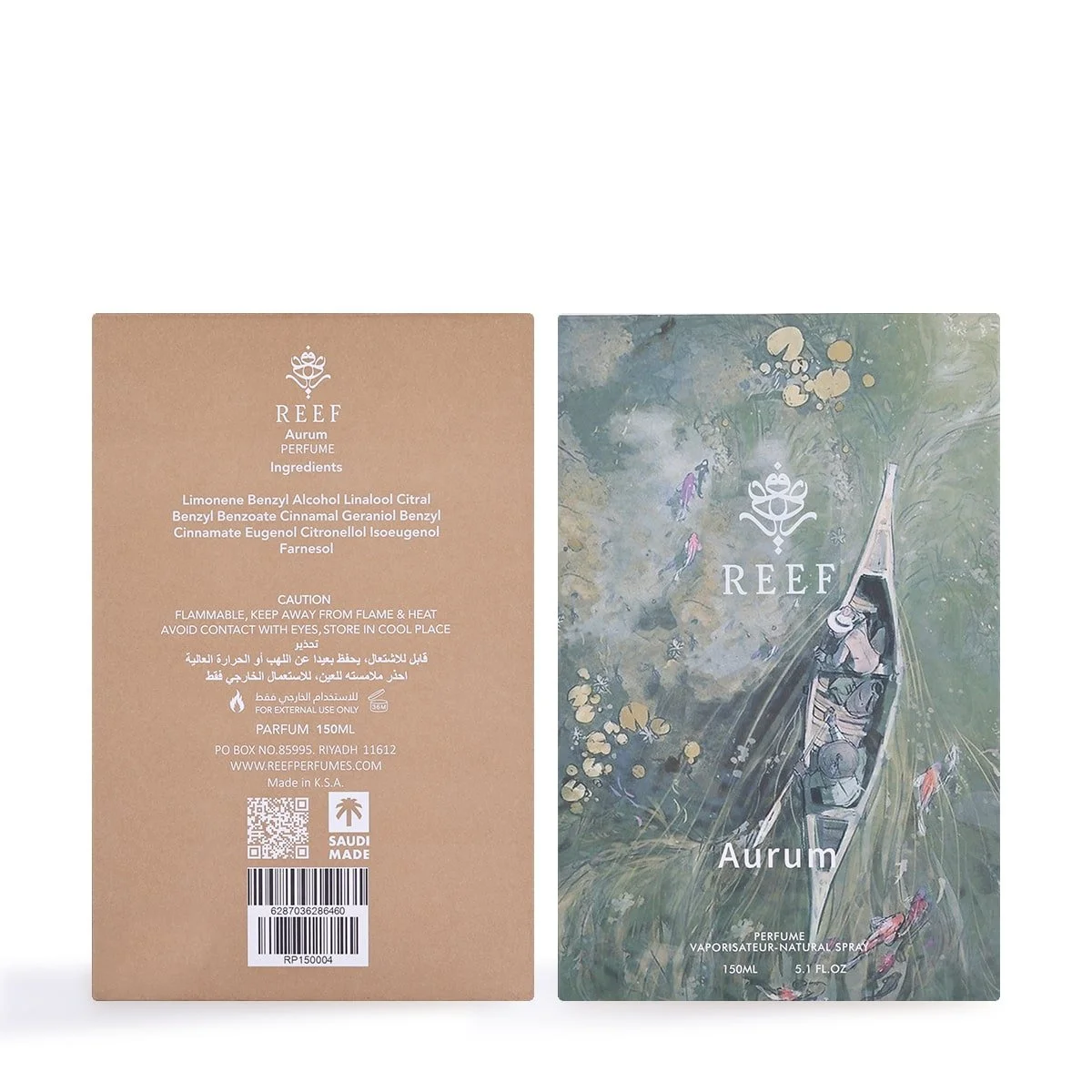 Front and back view of Aurum by Reef Perfumes luxury packaging, available at Al Rashid Galleria UK