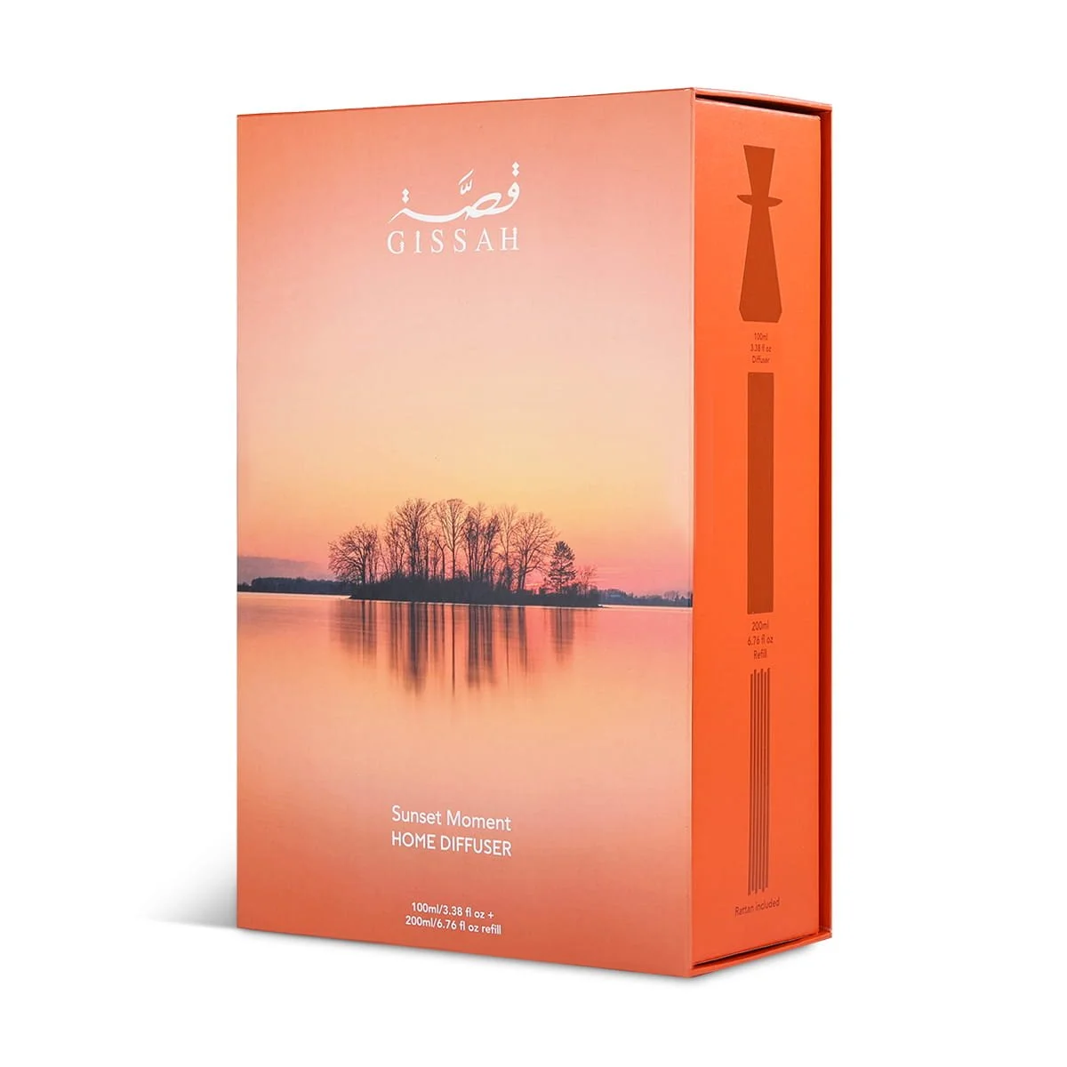 Front view of Gissah Sunset Moment diffuser box, luxury fruity ambery home fragrance UK