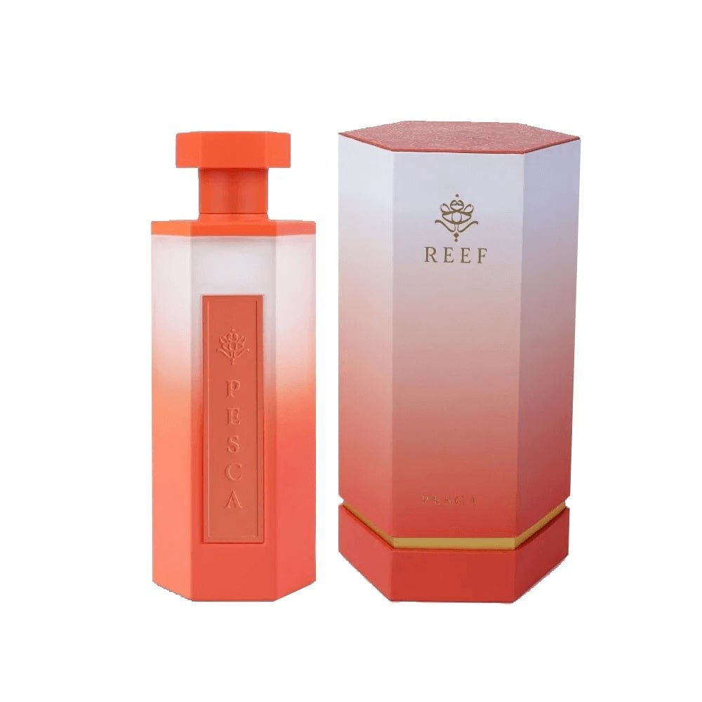 Pesca perfume bottle displayed beside its elegant box on white background