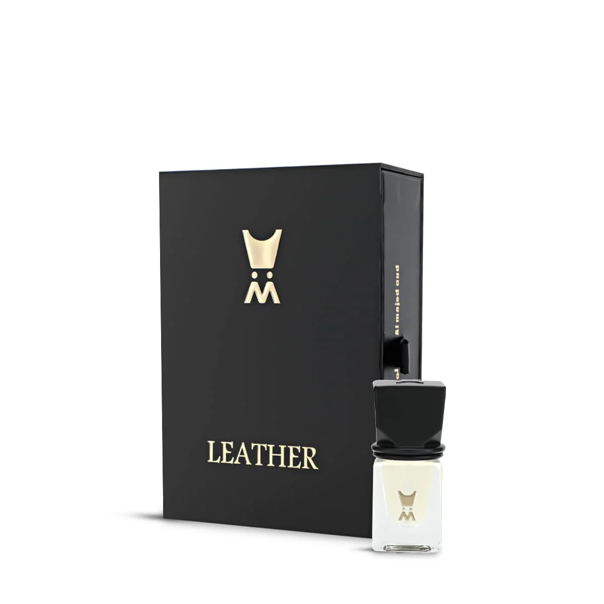 Al Majed Oud Leather Khamriya 3ml next to box, luxury fragrance oil UK