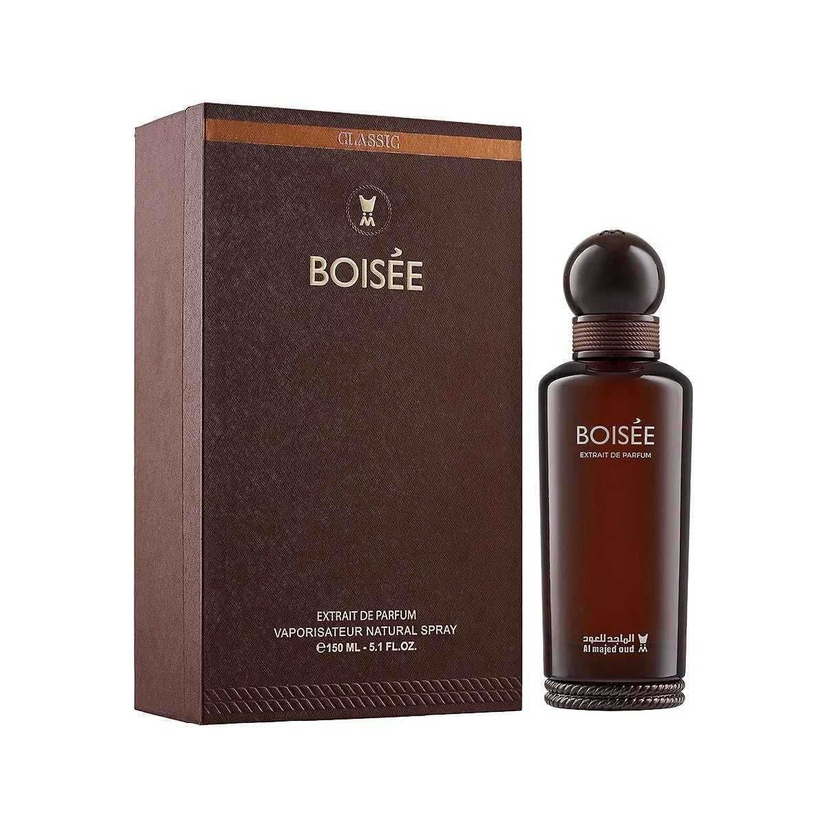 Al Majed Oud Boisee extrait de parfum 150ml next to luxury case, premium fragrance UK
