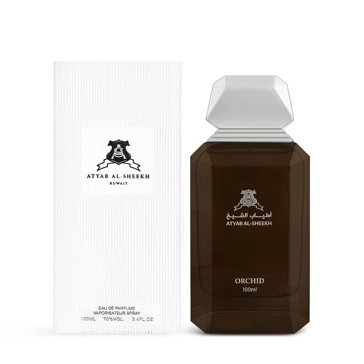 Atyab Al Sheekh Orchid perfume next to luxury box, premium oud patchouli fragrance UK